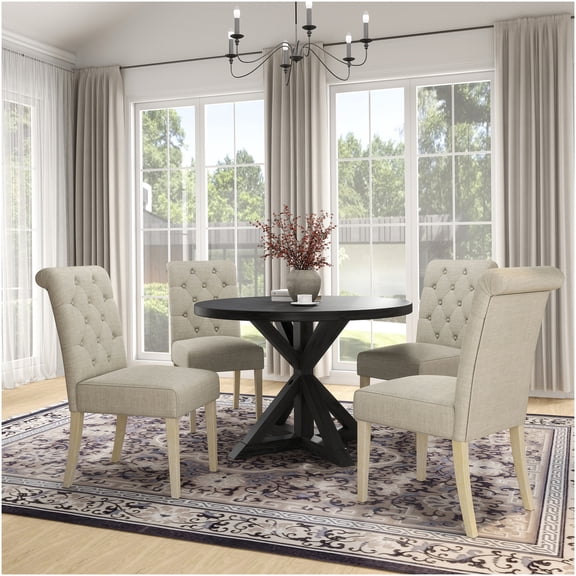 Banff 5-Piece Round Dining Set with Cross-Buck Table & 4 Tufted Chairs, Tan & Black Finish
