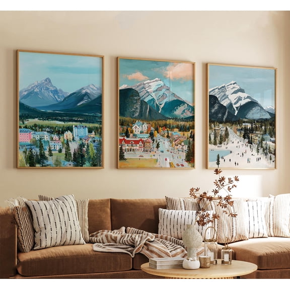 Banff Canada Poster Travel Wall Art Vintage Style Minimalist Print Mountain Landscape Artwork Retro Illustration Set 3, Stretched Canvas