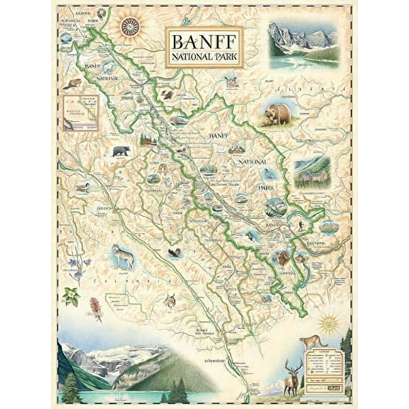 Banff National Park Hand-Drawn Map Poster 18x24", Vintage-Style Wall Art, Lithographic Print with Soy-Based Inks, Gift for History Buffs, Travelers, Teachers, Made in USA