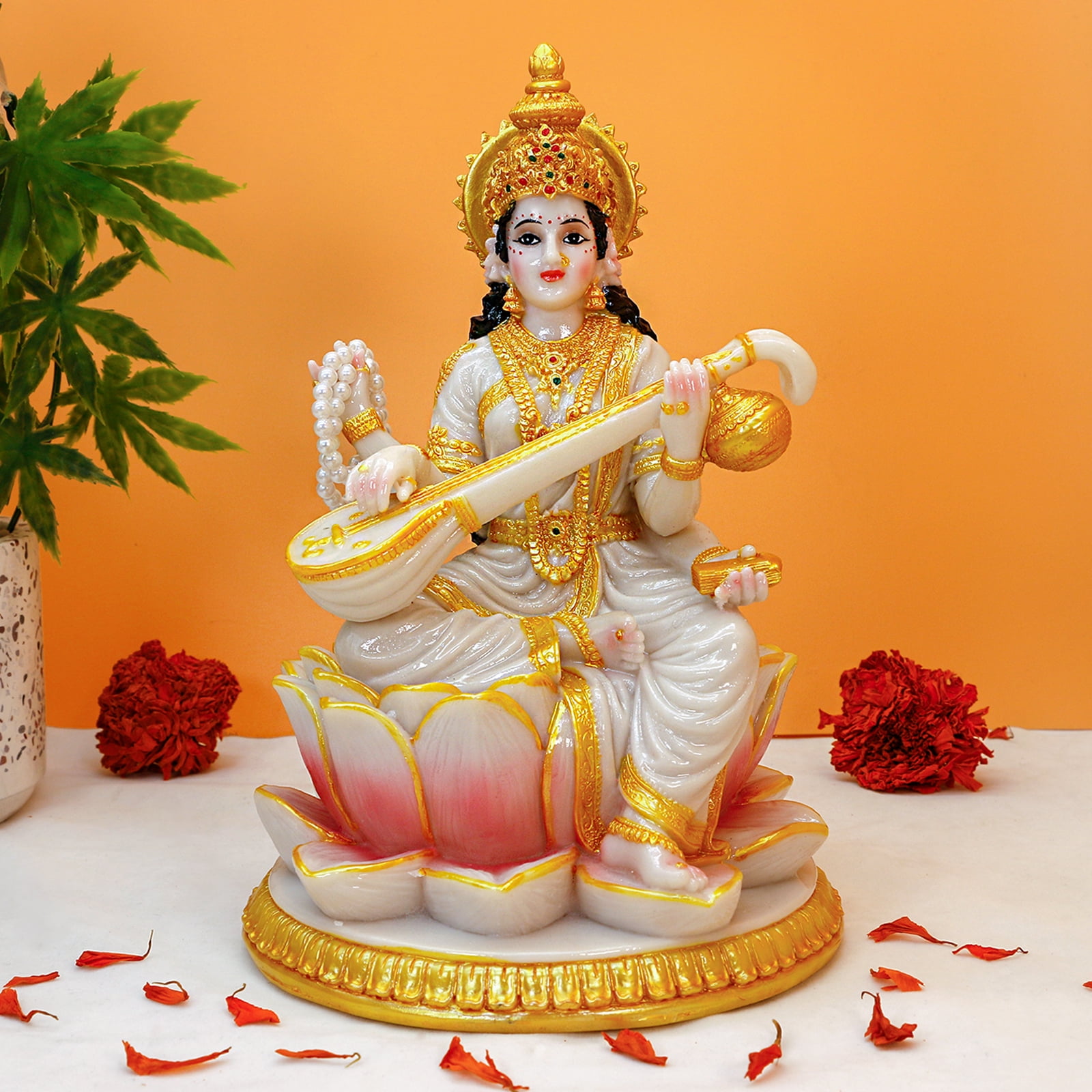 BangBangDa Big Hindu Goddess Saraswati Statue 8.7H India God Saraswati Idol Home Office Temple Mandir Pooja Decor Diwali Puja Gifts Indian Gifts for Man Woman Friends
