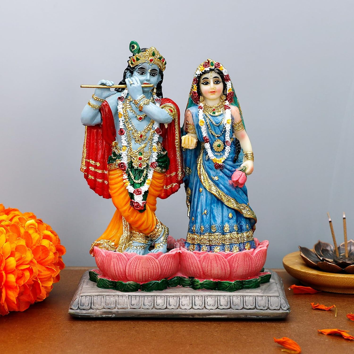 BangBangDa Hindu God Radha Krishna Statue - 5.7H Indian Murti Lord Krishna Idol with Flute for Wedding Valentine Birthday Diwali Puja Gifts for Indian Couple Home Temple Mandir Altar Pooja Item