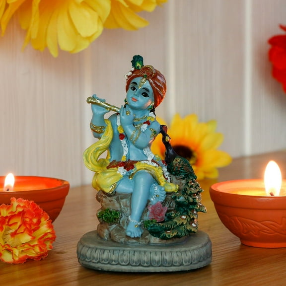 BangBangDa Indian Lord Krishna Idol Statue - 4.3" H Hindu God Krishna Diwali Gifts for India Friend Small Krishna Home Temple Mandir Pooja Murti Item Altar Meditation Yoga Room Spiritual Decor