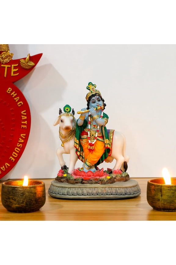 Indian Lord Krishna Idol Statue 5.7" H Hindu God Krishna Murit for Home Temple Puja Diwali Gift for Indian Man Woman Friend Mandir Altar Pooja Item Meditation Yoga Room Spiritual Decor