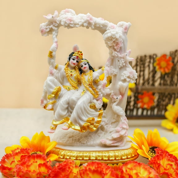 BangBangDa Radha Krishna Statue on Swing - Marble Color 6.7H Polystone Indian Murti Krishna Idol for Valentine/Wedding/Birthday/Diwali for Indian Family Man Women Pooja Item