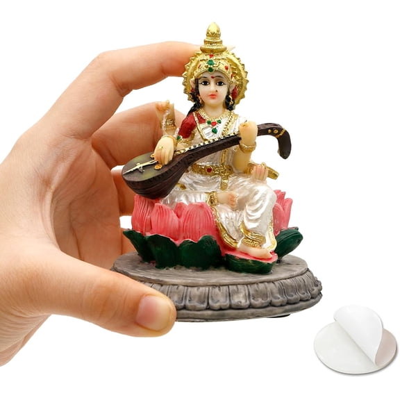 BangBangDa Small Saraswati for Car Dashboard - 3.9" H Lord Saraswati Statue for Vehicle Decor Polystone Indian God Birthday Diwali Fathers Day for Indian People Friend Altar Pooja