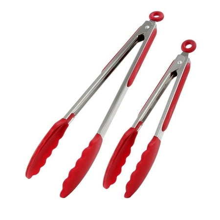 BangShou Kitchen Tongs 2Packs 9" & 12" Non-Slip Stainless Steel Handle Smart Lock Clip Red