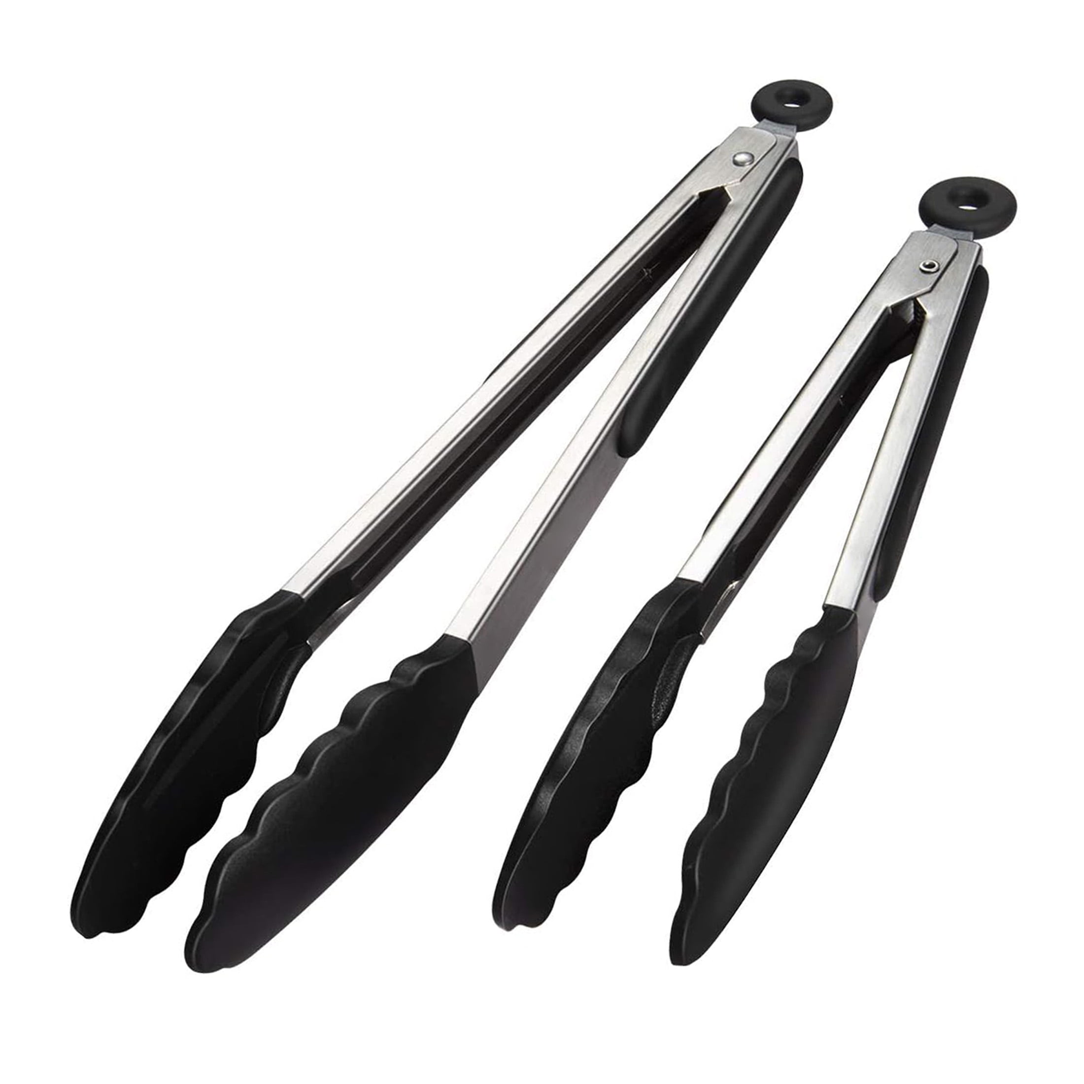 BangShou Kitchen Tongs with Silicone Tips Stainless Steel for Cooking Food Tongs 2 Pack 9" 12", Black