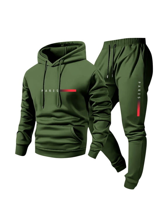 2 Piece Sets for Men Casual Pullover Hooded Sports Print Long Sleeve Trousers Mens Two-Piece Elastic Waist Tracksuit
