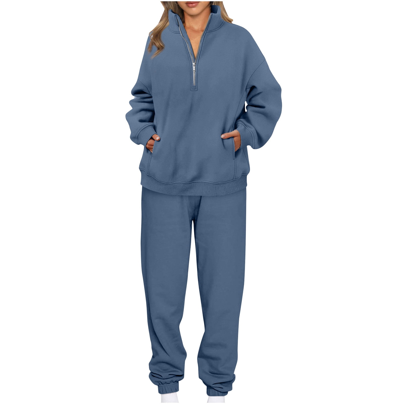 Women's Oversized Quarter-Zip Sweatshirt & Shorts Set - Color Block Tracksuit, Casual Loungewear