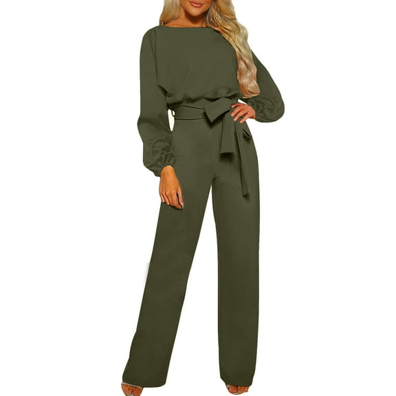 BangWanChi 2 Piece Sets for Women Fall Women'S Fall/Winter Solid Color Long Sleeved Crew Round Neck Jumpsuit With Belt Jumpsuit Pans