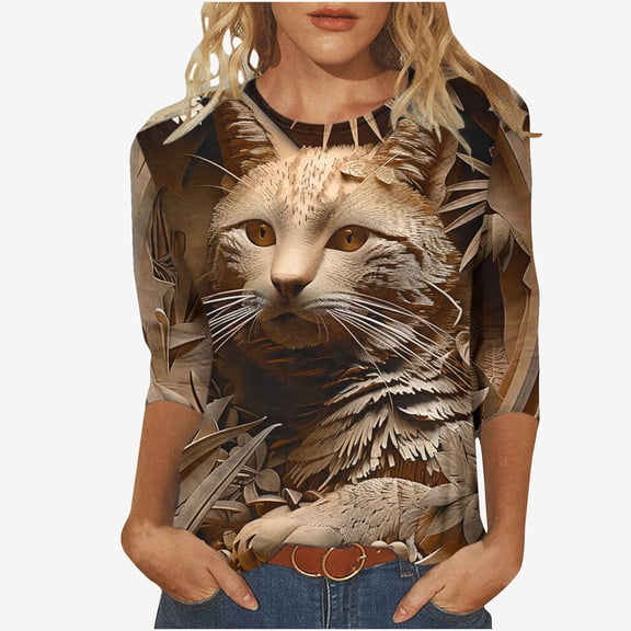 BangWanChi 3/4 Length Sleeve Womens Tops Casual Woen's Relief Printing T Shirt Graphic Outdoor Daily Vacation 3/4 Sleeve Crew Neck Shirt Spring Fall Clothing Apparel