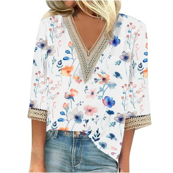BangWanChi 3/4 Length Sleeve Womens Tops Fashion Women's Summer V-Neck 3/4 Sleeve Lace Print Casual T-shirt Blouse