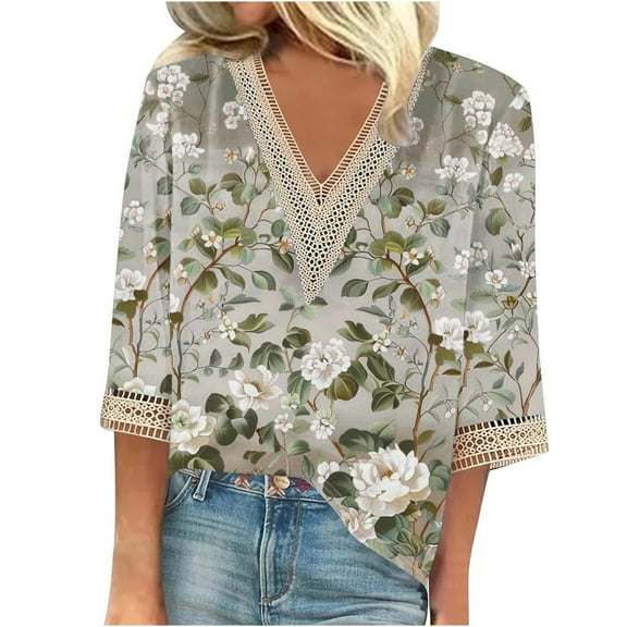 BangWanChi 3/4 Length Sleeve Womens Tops Plus Size Fashion Women's Summer V-Neck 3/4 Sleeve Lace Print Casual T-Shirt Blouse