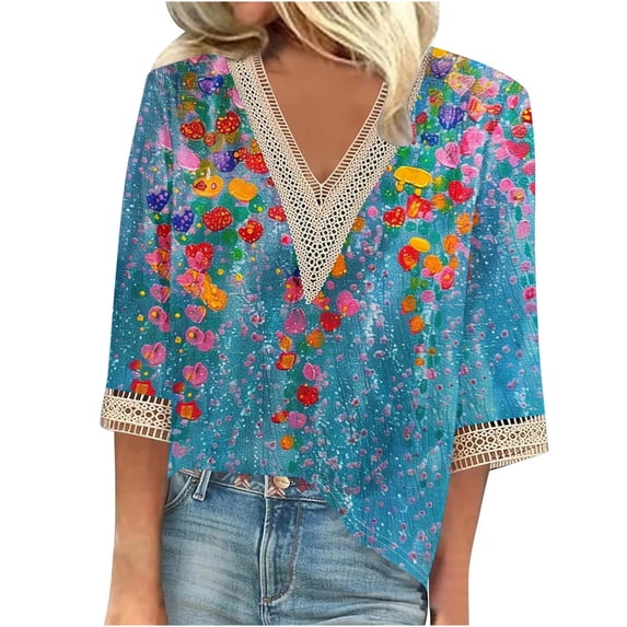 BangWanChi 3/4 Length Sleeve Womens Tops Plus Size Fashion Women's Summer V-Neck 3/4 Sleeve Lace Print Casual T-Shirt Blouse