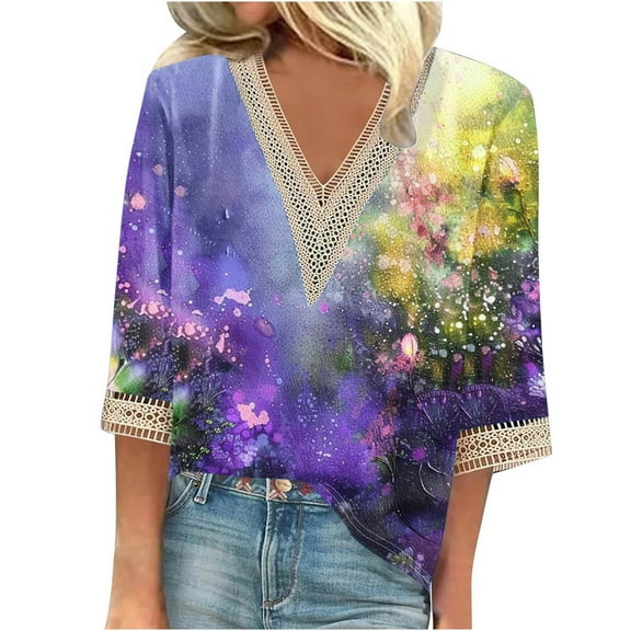 BangWanChi 3/4 Length Sleeve Womens Tops Plus Size Fashion Women's Summer V-Neck 3/4 Sleeve Lace Splicing Solid Casual T-Shirt Blouse Top