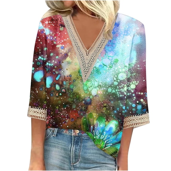 BangWanChi 3/4 Length Sleeve Womens Tops Plus Size Fashion Women's Summer V-Neck 3/4 Sleeve Lace Splicing Solid Casual T-Shirt Blouse Top