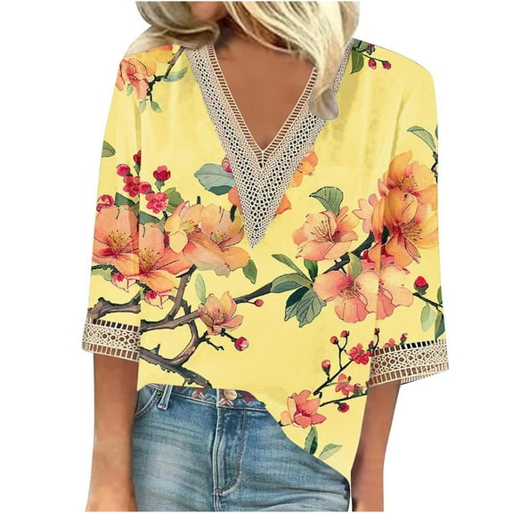 BangWanChi 3/4 Length Sleeve Womens Tops Plus Size Fashion Women's Summer V-Neck 3/4 Sleeve Lace Splicing Solid Casual T-Shirt Blouse Top
