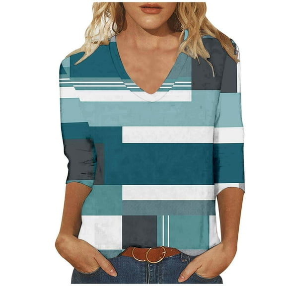 BangWanChi 3/4 Length Sleeve Womens Tops Plus Size Tunic Fashion Woman Casual V Neck Printing Blouse 3/4 Sleeve T-Shirt Summer Tops