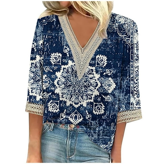BangWanChi 3/4 Length Sleeve Womens Tops Plus Size Tunic Fashion Women's Summer V-Neck 3/4 Sleeve Lace Print Casual T-Shirt Blouse