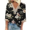 thumbnail image 1 of BangWanChi 3/4 Length Sleeve Womens Tops Plus Size Tunic Fashion Women's Summer V-Neck 3/4 Sleeve Lace Splicing Print Casual T-Shirt Blouse, 1 of 5