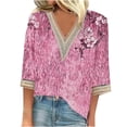 thumbnail image 1 of BangWanChi 3/4 Length Sleeve Womens Tops Plus Size Tunic Fashion Women's Summer V-Neck 3/4 Sleeve Lace Splicing Print Casual T-Shirt Blouse, 1 of 5