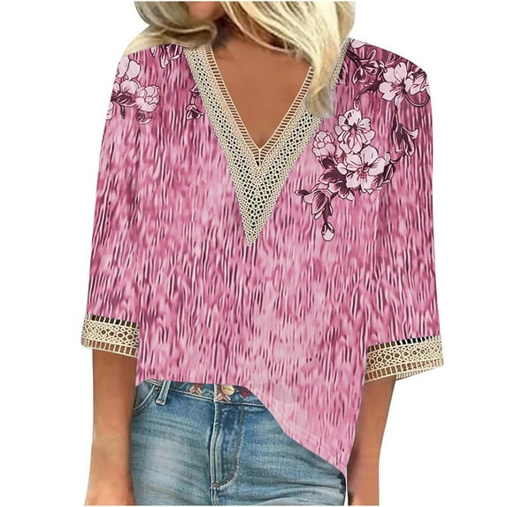 BangWanChi 3/4 Length Sleeve Womens Tops Plus Size Tunic Fashion Women's Summer V-Neck 3/4 Sleeve Lace Splicing Print Casual T-Shirt Blouse