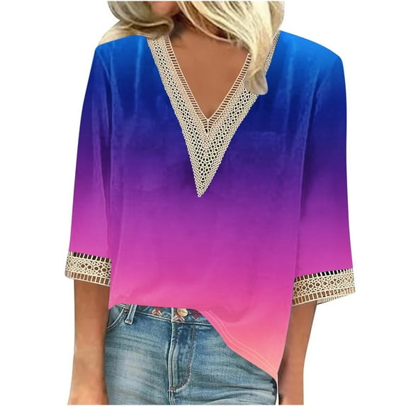BangWanChi 3/4 Length Sleeve Womens Tops Plus Size Tunic Fashion Women's Summer V-Neck 3/4 Sleeve Lace Splicing Solid Casual T-Shirt Blouse Top