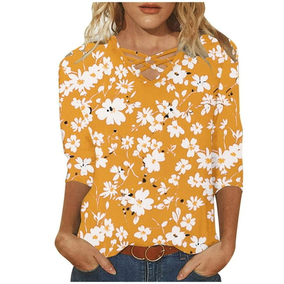 BangWanChi 3/4 Length Sleeve Womens Tops Plus Size Tunic Small Fragmented Flower Women's Fashion and Casual V-neck/3/4 Sleeve Top Long Sleeved V-neck Top/Shirt