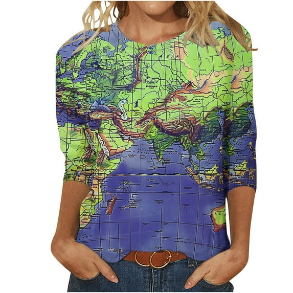 BangWanChi 3/4 Length Sleeve Womens Tops Plus Size Tunic Women's Fashion Casual Color Printing Round Neck 3/4 Sleeve T-Shirt Top Blouse