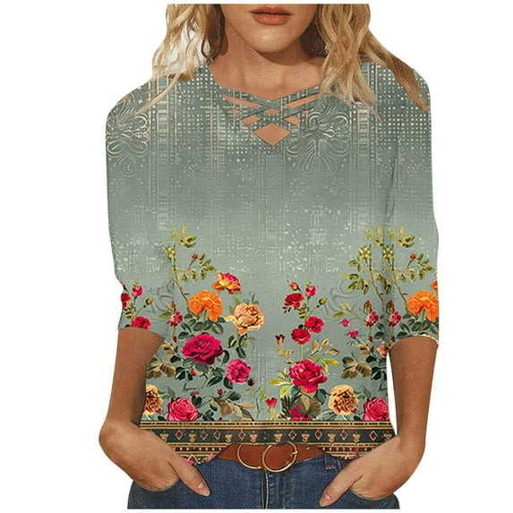 BangWanChi 3/4 Length Sleeve Womens Tops Plus Size Tunic Women's Fashion and Casual V-neck 3/4 Sleeve Top Long Sleeved V-neck Top/Shirt