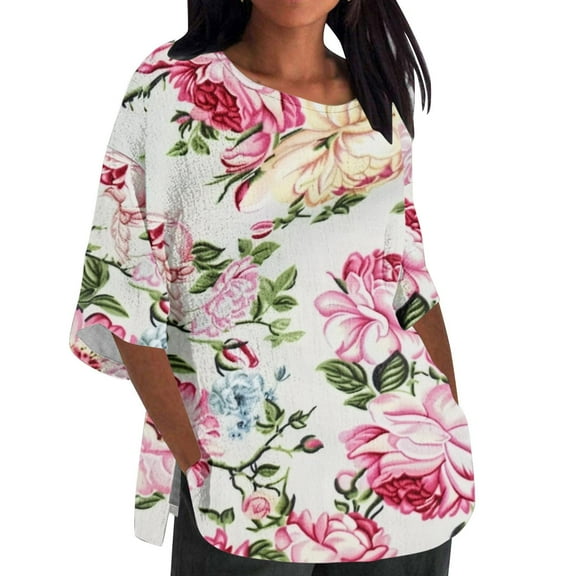 BangWanChi 3/4 Length Sleeve Womens Tops Plus Size Tunic Women's Ladies Fashion Casual Cropped 3/4 Sleeve Printing Cotton Loose Shirt Blouse Top
