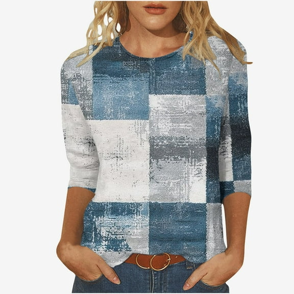 BangWanChi 3/4 Length Sleeve Womens Tops Plus Size Women's Fashion Printed Loose T-Shirt 3/4 Sleeves Blouse Round Neck Casual Tops