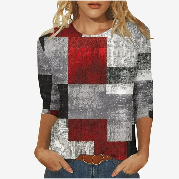 BangWanChi 3/4 Length Sleeve Womens Tops Plus Size Women's Fashion Printed Loose T-Shirt 3/4 Sleeves Blouse Round Neck Casual Tops