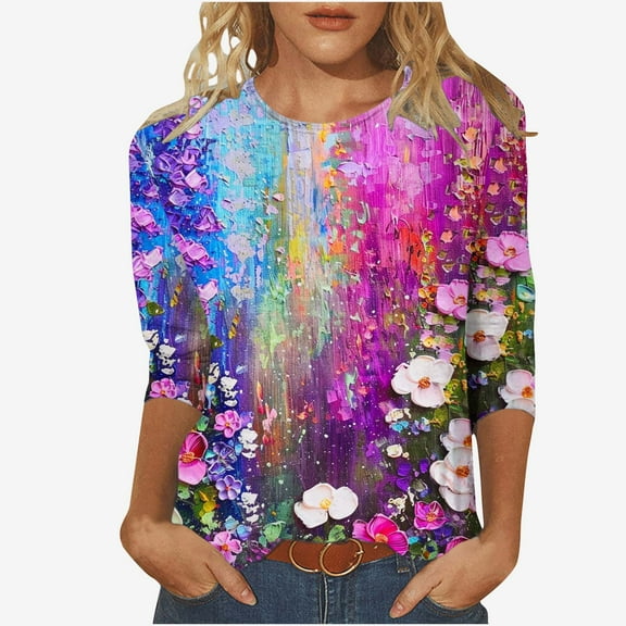 BangWanChi 3/4 Length Sleeve Womens Tops Plus Size Women's Fashion Vintage Printed T-Shirt 3/4 Sleeves Blouse Round Neck Casual Tops