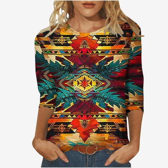 BangWanChi 3/4 Length Sleeve Womens Tops Plus Size Women's Fashion Vintage Printed T-Shirt 3/4 Sleeves Blouse Round Neck Casual Tops