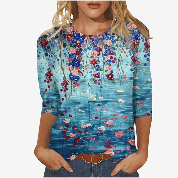 BangWanChi 3/4 Length Sleeve Womens Tops Plus Size Women's Fashion Vintage Printed T-Shirt 3/4 Sleeves Blouse Round Neck Casual Tops