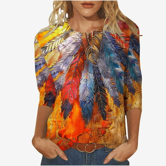 BangWanChi 3/4 Length Sleeve Womens Tops Plus Size Women's Fashion Vintage Printed T-Shirt 3/4 Sleeves Blouse Round Neck Casual Tops