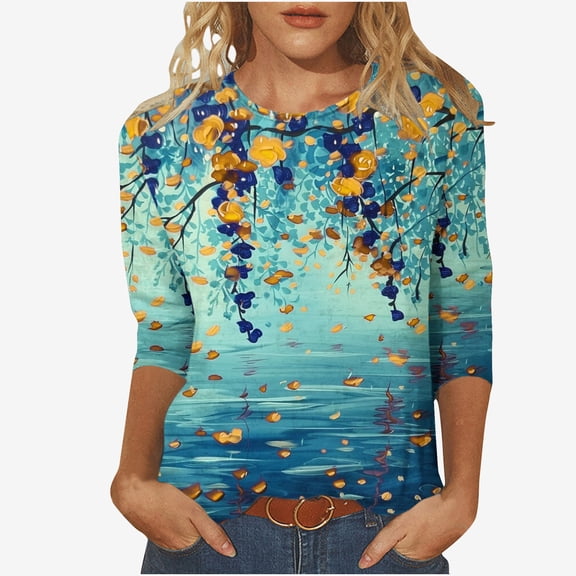 BangWanChi 3/4 Length Sleeve Womens Tops Plus Size Women's Fashion Vintage Printed T-Shirt 3/4 Sleeves Blouse Round Neck Casual Tops
