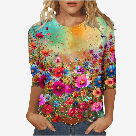 BangWanChi 3/4 Length Sleeve Womens Tops Plus Size Women's Fashion Vintage Printed T-Shirt 3/4 Sleeves Blouse Round Neck Casual Tops