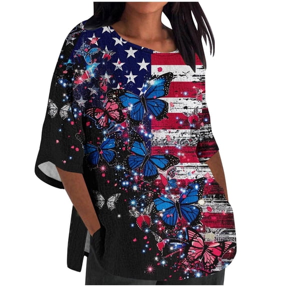 BangWanChi 3/4 Length Sleeve Womens Tops Plus Size Women's Ladies Fashion Casual Cropped 3/4 Sleeve Printing Cotton Loose Shirt Blouse Top
