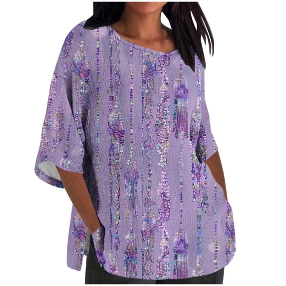 BangWanChi 3/4 Length Sleeve Womens Tops Plus Size Women's Ladies Fashion Casual Cropped 3/4 Sleeve Printing Cotton Loose Shirt Blouse Top