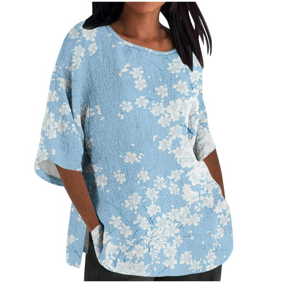 BangWanChi 3/4 Length Sleeve Womens Tops Plus Size Women's Ladies Fashion Casual Cropped 3/4 Sleeve Printing Cotton Loose Shirt Blouse Top