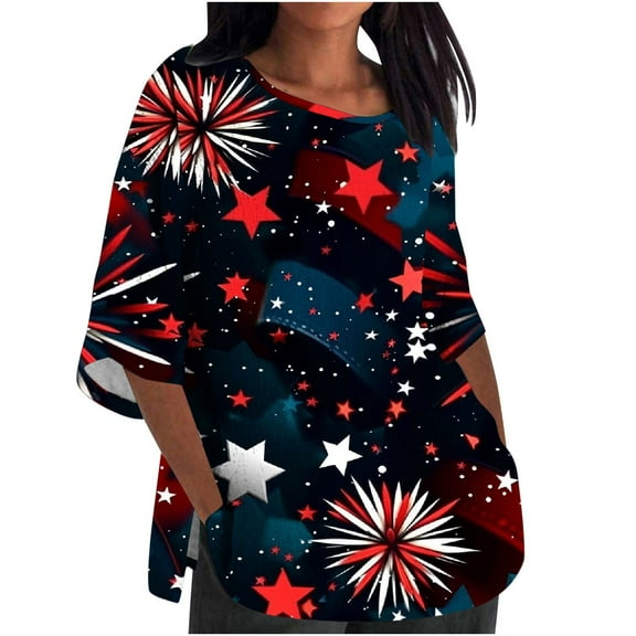 BangWanChi 3/4 Length Sleeve Womens Tops Plus Size Women's Ladies Fashion Casual Cropped 3/4 Sleeve Printing Cotton Loose Shirt Blouse Top