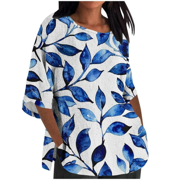 BangWanChi 3/4 Length Sleeve Womens Tops Plus Size Women's Ladies Fashion Casual Cropped 3/4 Sleeve Printing Cotton Loose Shirt Blouse Top