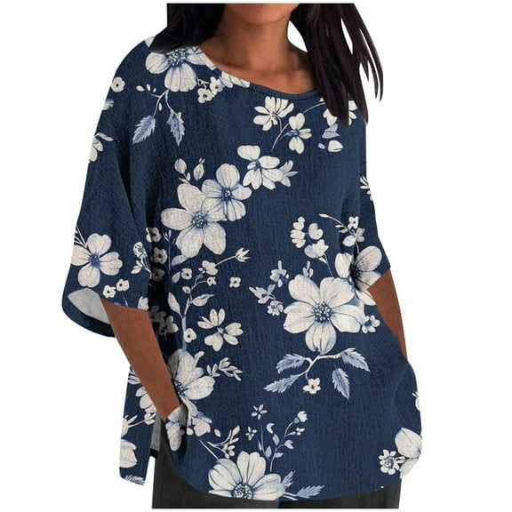 BangWanChi 3/4 Length Sleeve Womens Tops Plus Size Women's Ladies Fashion Casual Cropped 3/4 Sleeve Printing Cotton Loose Shirt Blouse Top
