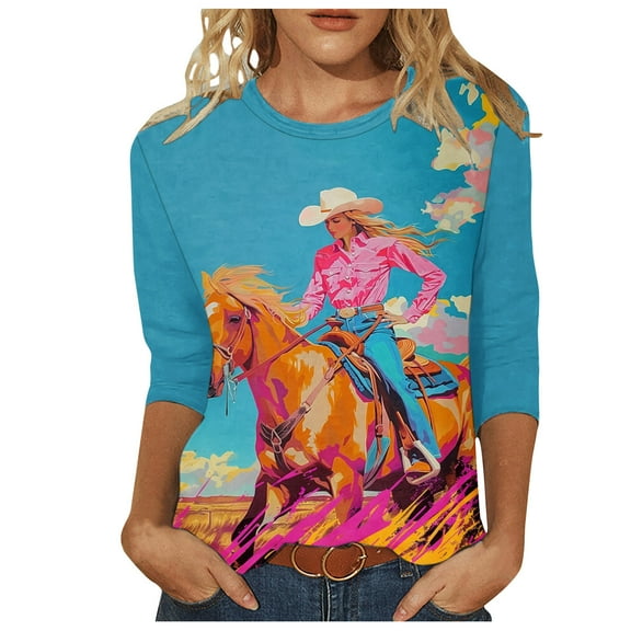 BangWanChi 3/4 Length Sleeve Womens Tops Women 3/4Sleeves Casual Shirts Pullover Loose Tunic Tops Print Blouse