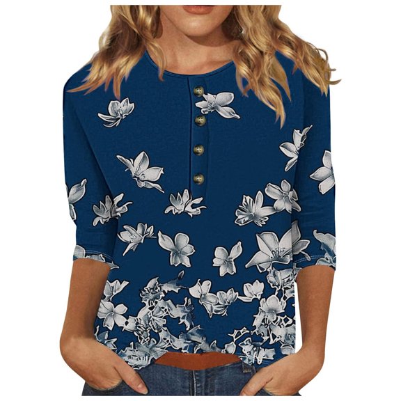 BangWanChi 3/4 Length Sleeve Womens Tops Women's Casual 3/4 Sleeve Printed Buttoned Corset Tunic Tops Pleated T-Shirts Blouses