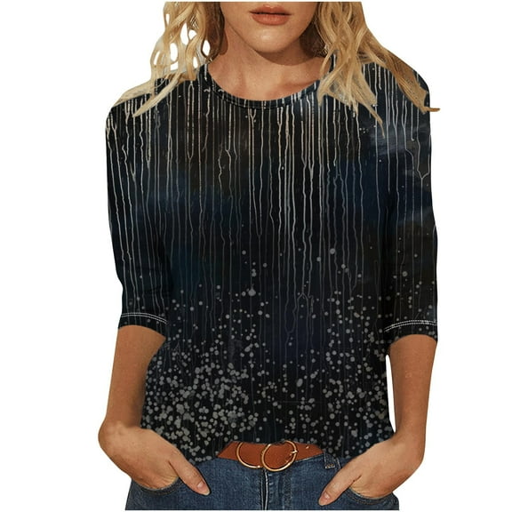 BangWanChi 3/4 Length Sleeve Womens Tops Women's Fashion Casual Color Block Printing Round Neck 3/4 Sleeve T-Shirt Top Blouse