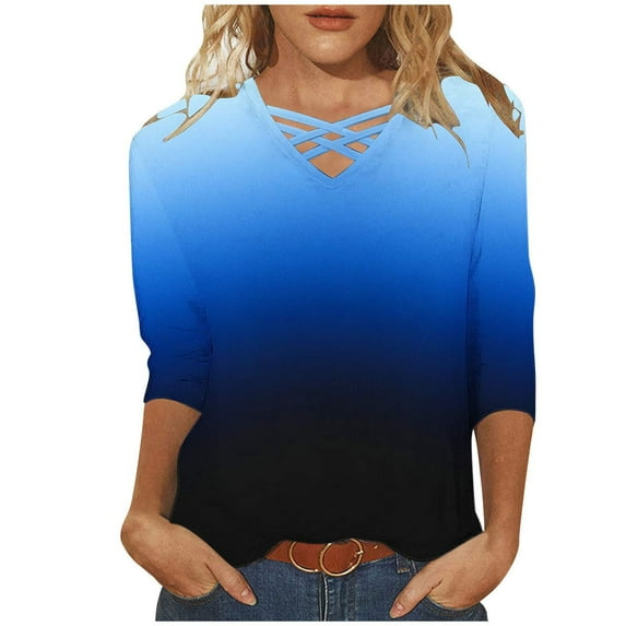 BangWanChi 3/4 Length Sleeve Womens Tops Women's Fashion Casual V-neck 3/4 Sleeve Top