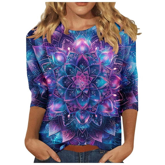 BangWanChi 3/4 Length Sleeve Womens Tops Women's Fashion Printed Round Neck 3/4 Sleeve T-Shirt Loose Tops Long Sleeve Round Neck Tops/Shirt